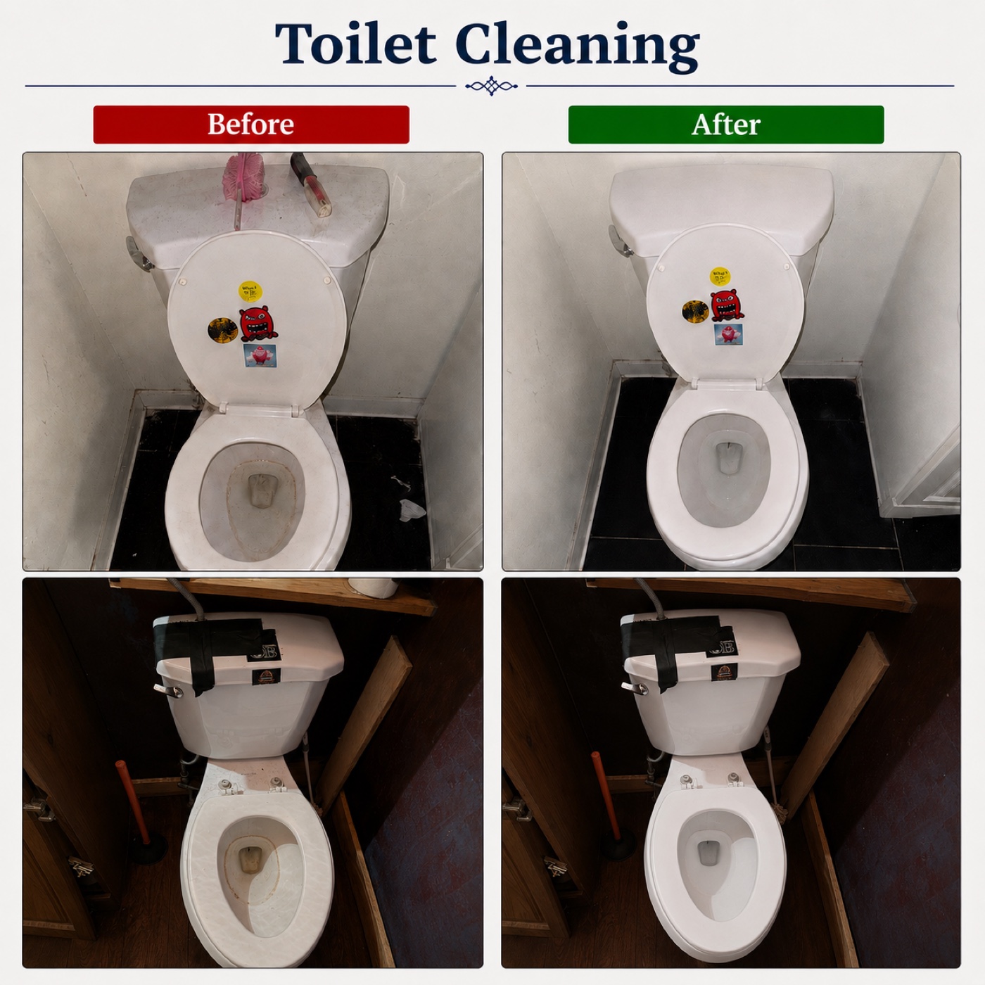 Two toilet cleaning before and after comparisons