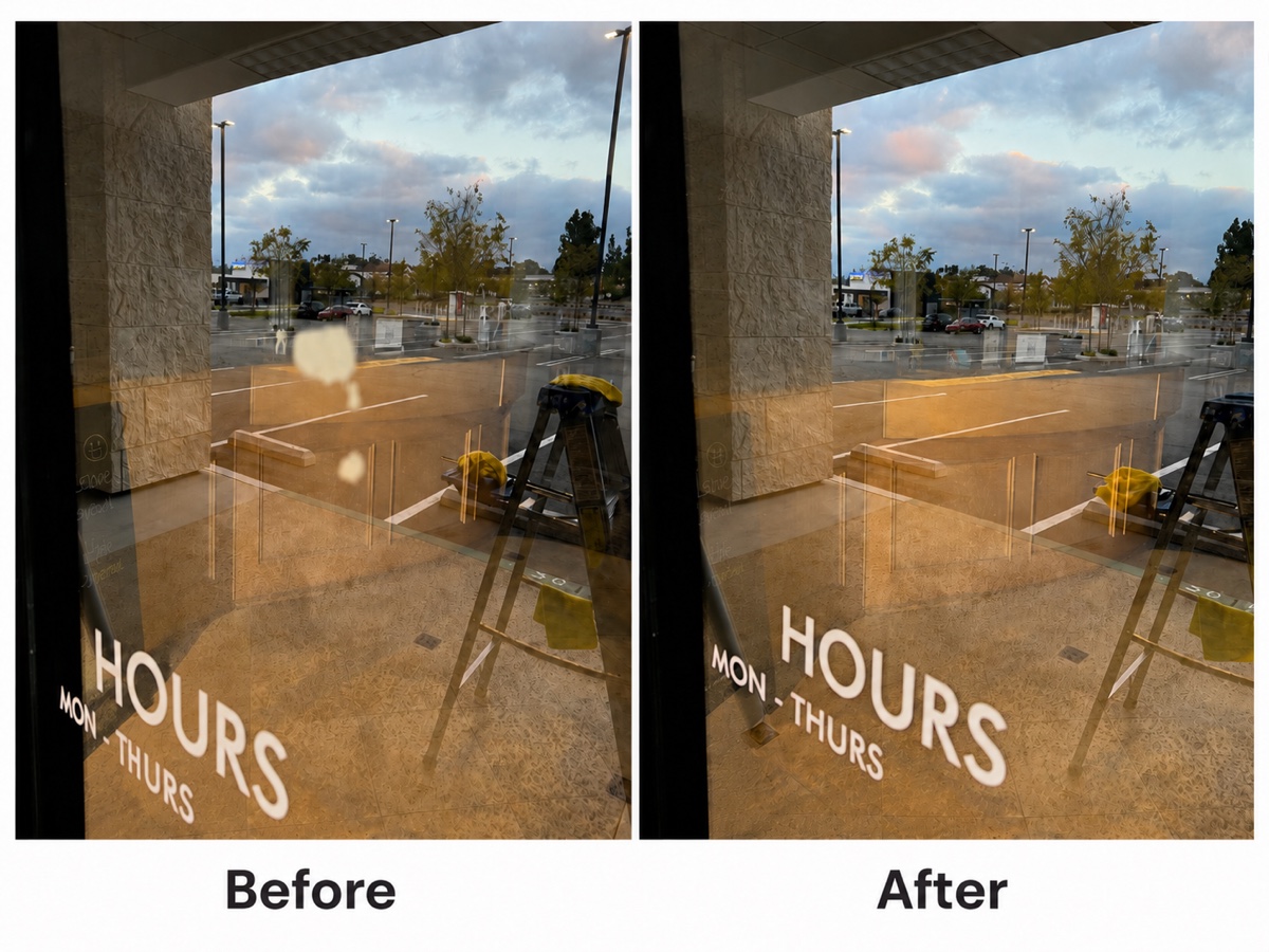 Storefront window before and after cleaning by A1 Clean Up