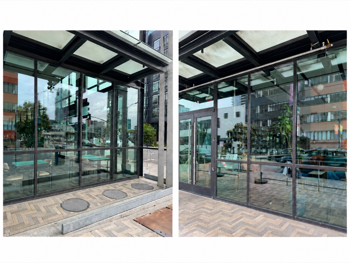 Two commercial storefront window washing results by A1 Clean Up